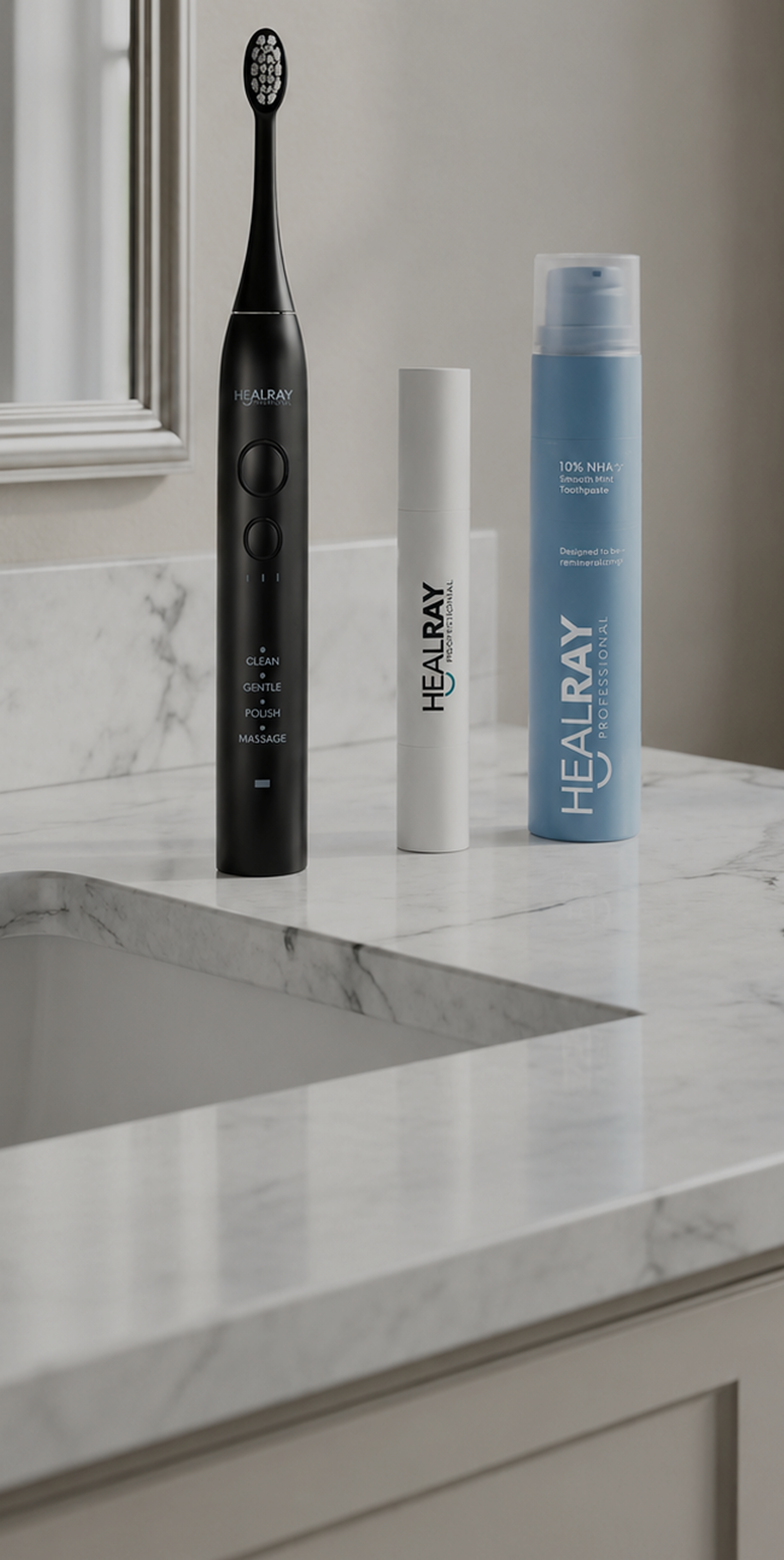 HealRay Light Therapy Electric Toothbrush, Gum Care Gel, and Oral Health Toothpaste arranged on a marble bathroom counter.