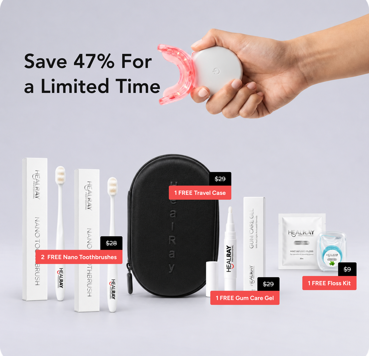 HealRay kit — save 47% for a limited time, with 2 nano toothbrushes, travel case, gum care gel and floss kit