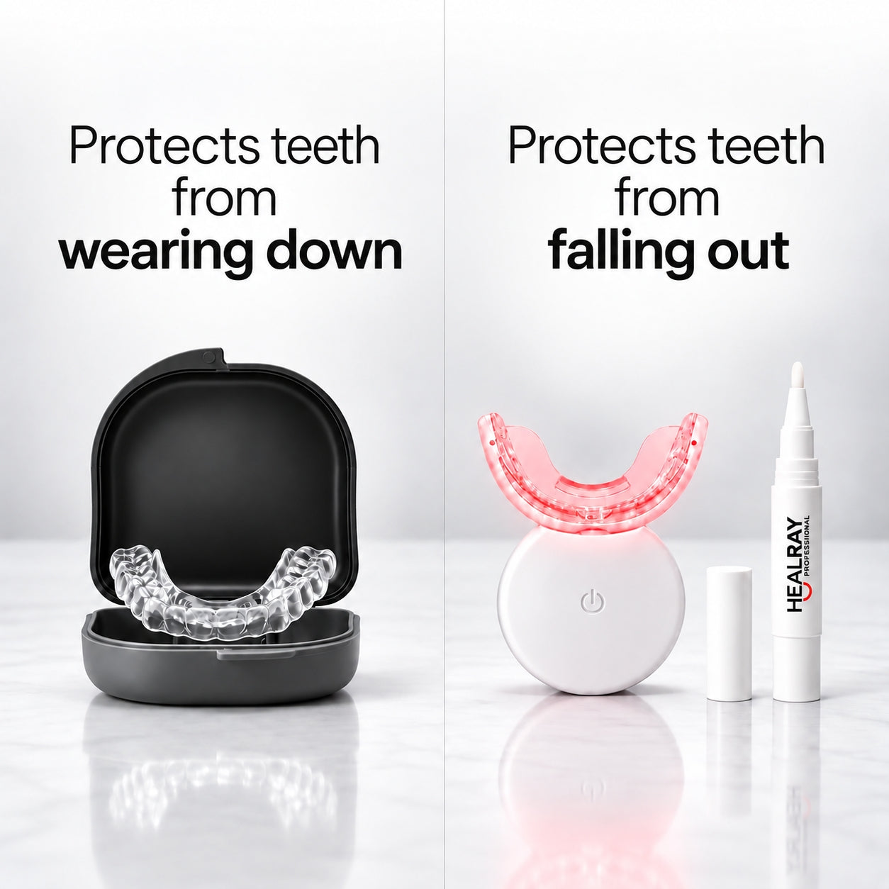 A nightguard protects teeth from wearing down; HealRay protects teeth from falling out